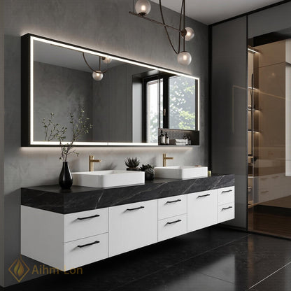 72''-96'' Double Bathroom Vanity with Sink White Dark Modern Floating Stone-Top