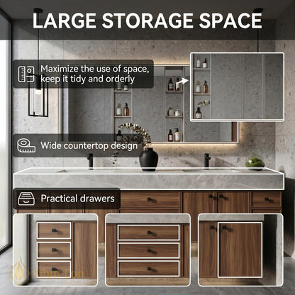 60''-96'' Double Bathroom Vanity with Sink Modern Floating Gray Stone Top Dark