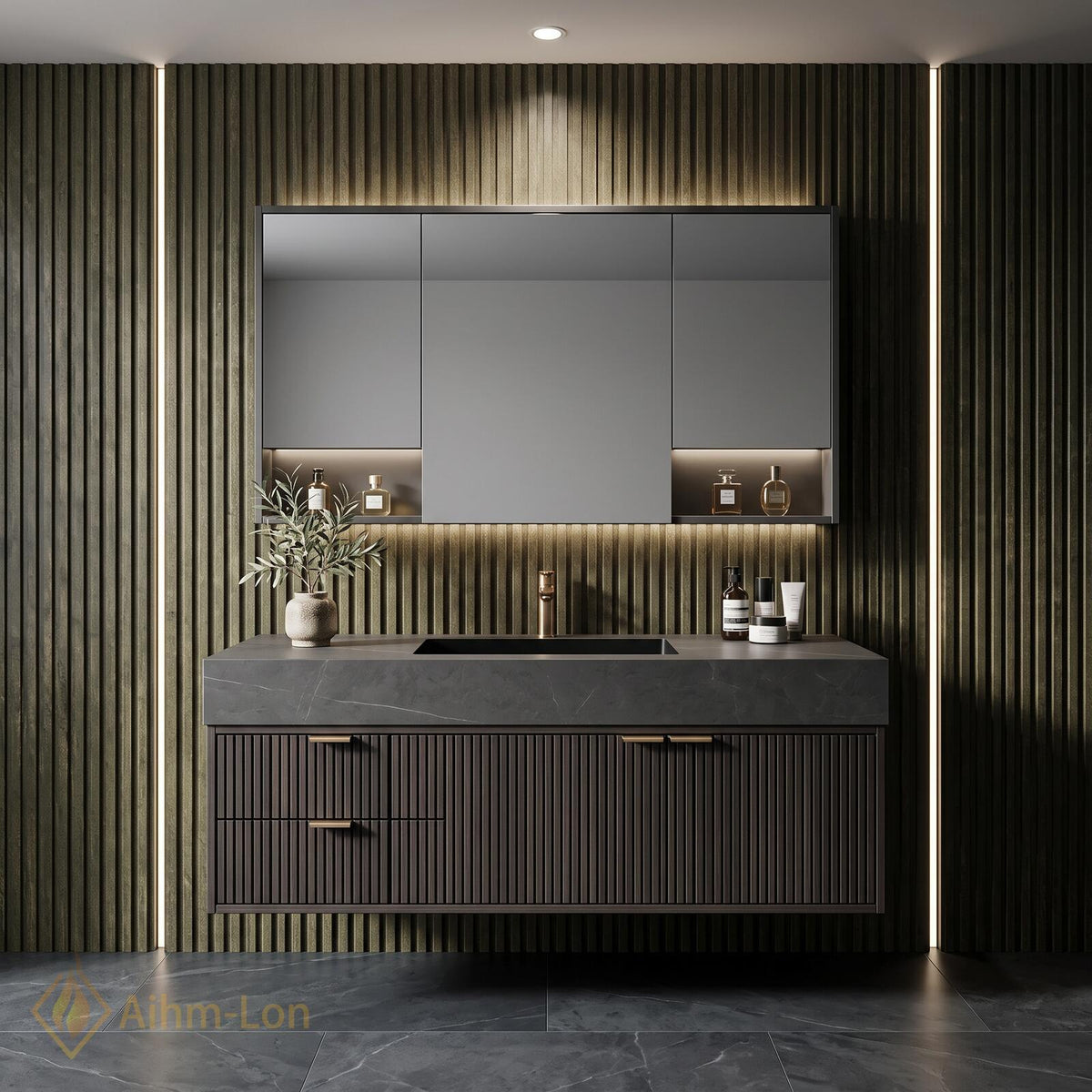 36''-110'' Bathroom Vanity with Sink Modern Ribbed Front Dark Sintered Stone