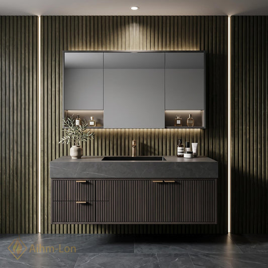 36''-110'' Bathroom Vanity with Sink Modern Ribbed Front Dark Sintered Stone