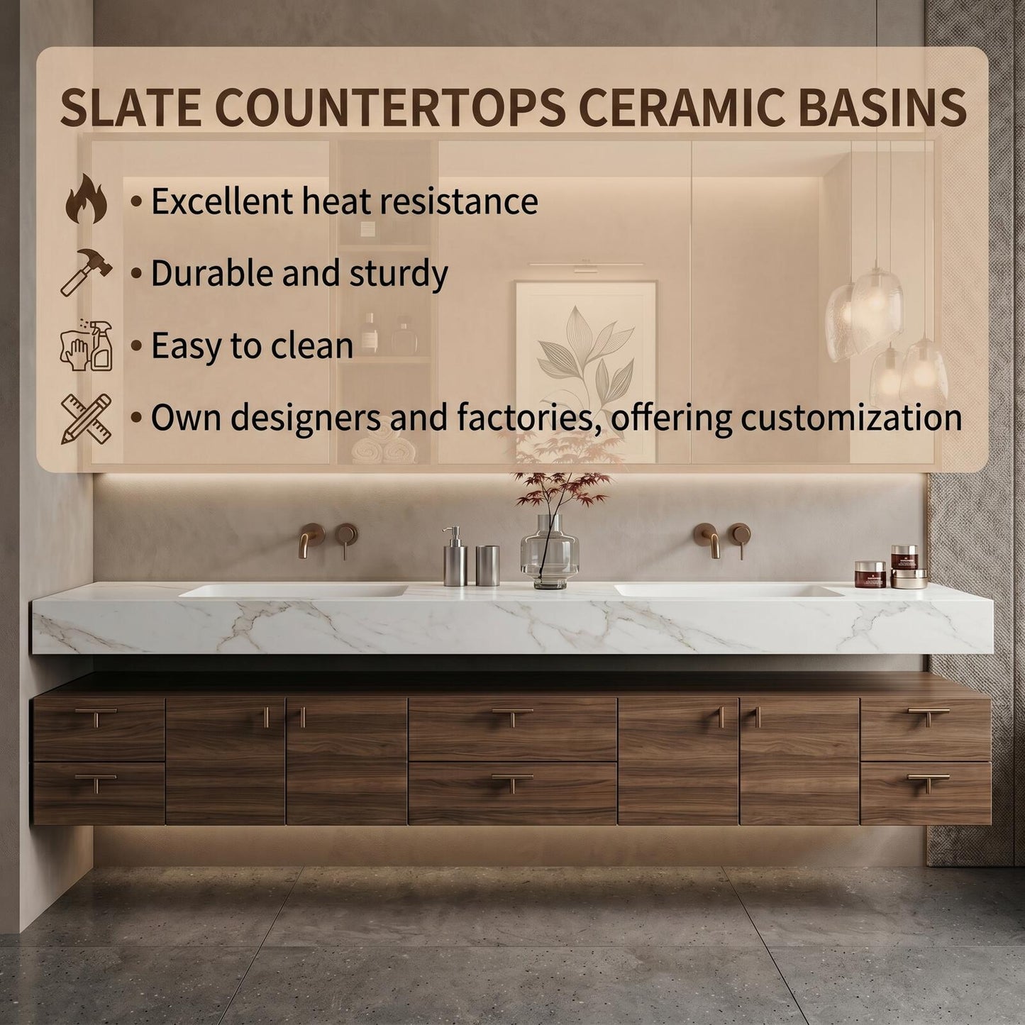 70''-96'' Modern Bathroom Vanity with Sink Floating Dark Walnut Slatted Open Shelving