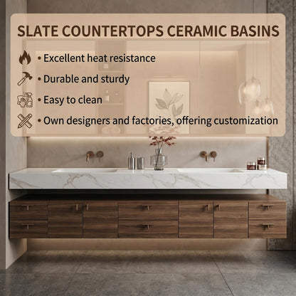 70''-96'' Modern Bathroom Vanity with Sink Floating Dark Walnut Slatted Open Shelving