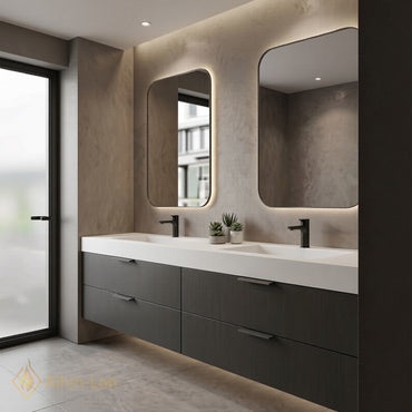 60''-96'' Double Bathroom Vanity with Sink Floating Wood-Grain Illuminated Mirror Dark Finish