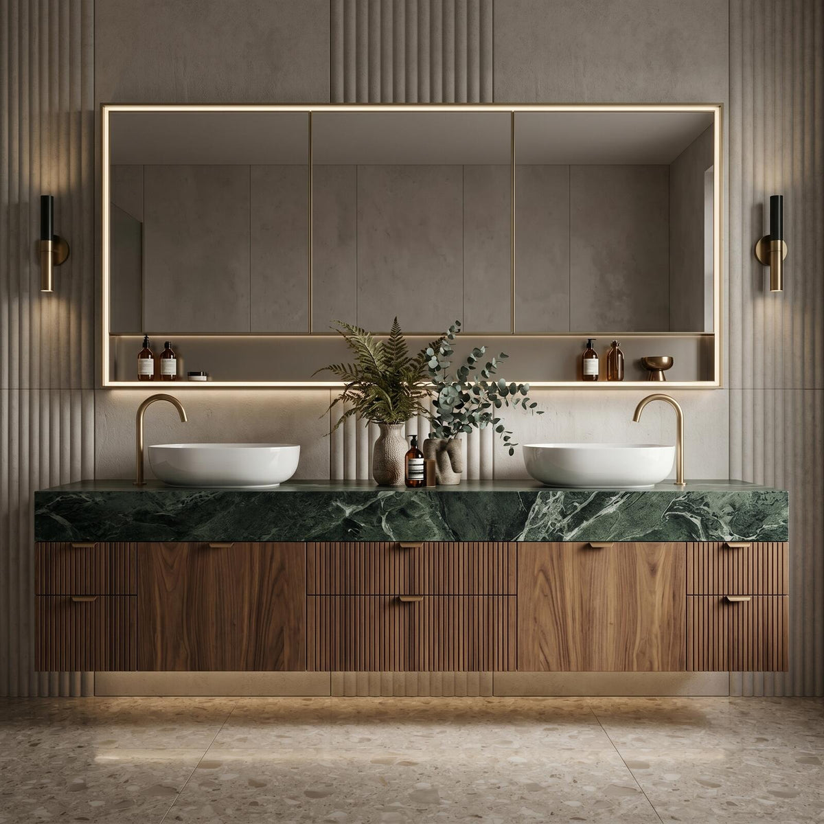 60''-96'' Double Bathroom Vanity with Sink Modern Refined Green Marble Top Slatted Wood Base