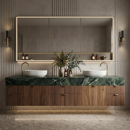 60''-96'' Double Bathroom Vanity with Sink Modern Refined Green Marble Top Slatted Wood Base