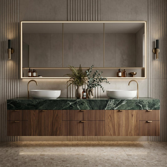 60''-96'' Double Bathroom Vanity with Sink Modern Refined Green Marble Top Slatted Wood Base