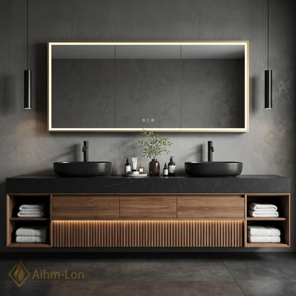 60''-96'' Double Bathroom Vanity with Sink Dark-Walnut Modern Floating Slatted-Panel