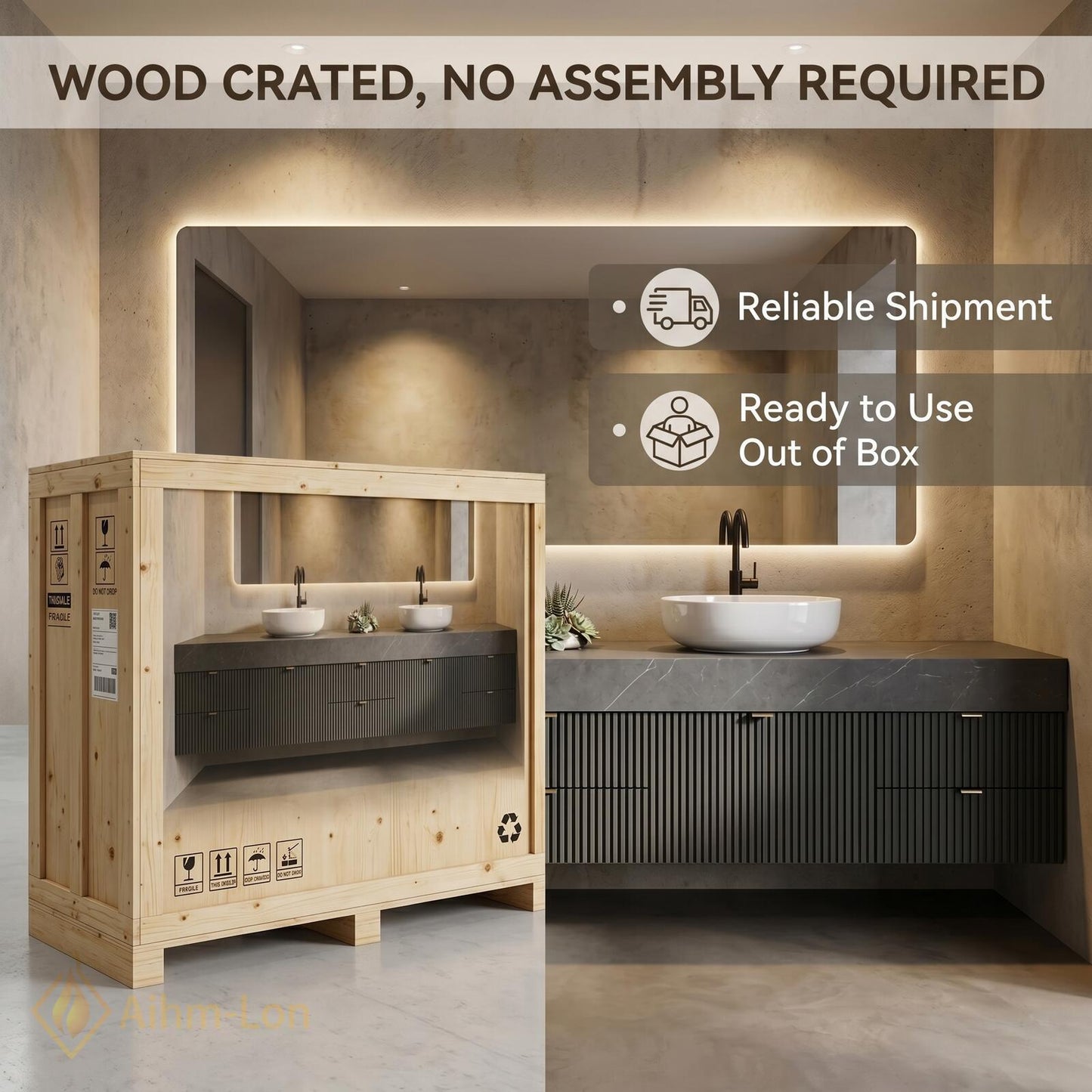 70''-96'' Double Bathroom Vanity with Sink Dark Modern Floating Slatted-Panels Stone