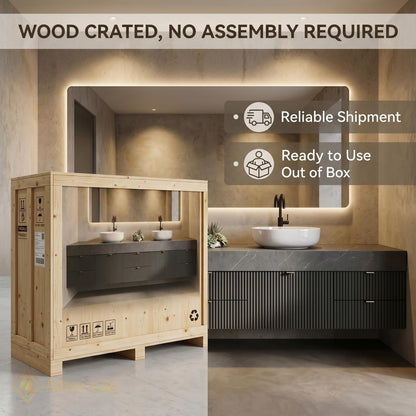 70''-96'' Double Bathroom Vanity with Sink Dark Modern Floating Slatted-Panels Stone