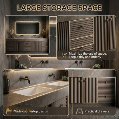 76''-96'' Double Bathroom Vanity with Sink Dark Stone Finish Slatted Panels Countertop