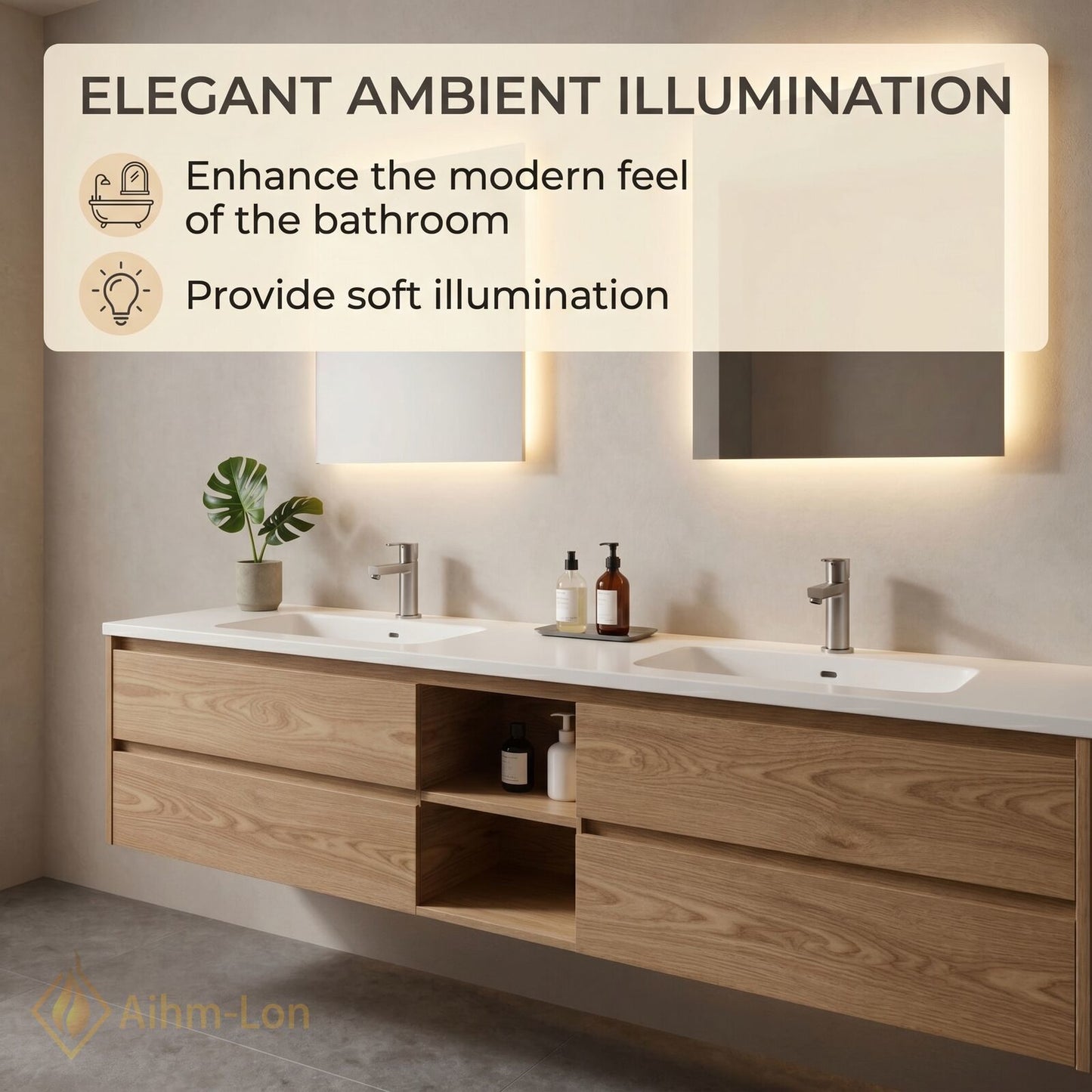 60''-96'' Sleek Bathroom Vanity with Sink Double Sink Wood Grain Central Open Shelf
