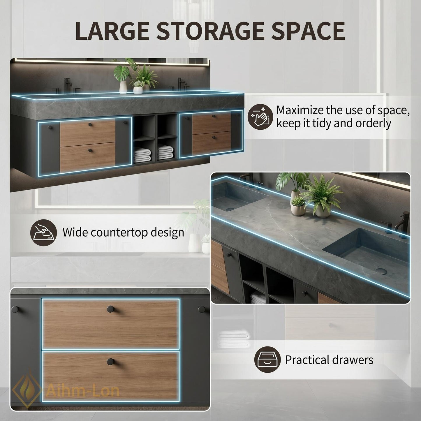 76''-96'' Modern Double Bathroom Vanity with Sink Floating Dark Stone Open Shelving