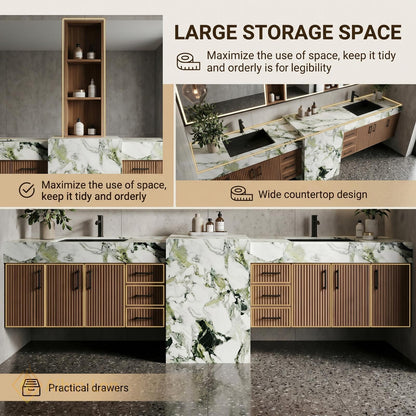 60''-96'' Double Bathroom Vanity with Sink Green Veined Marble Slatted Wood Panels