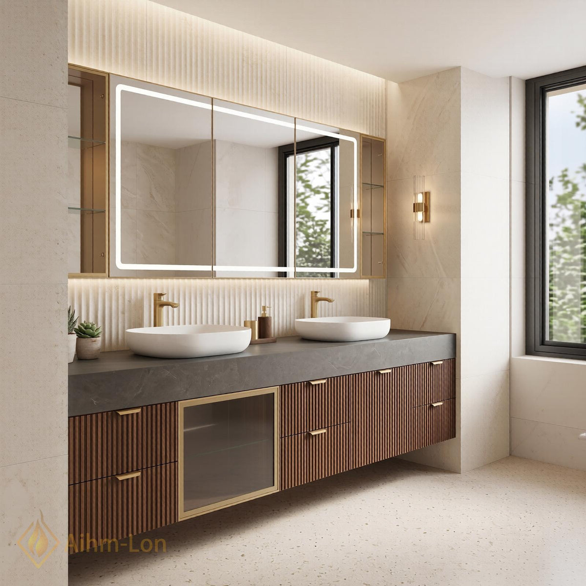 60''-96'' Double Bathroom Vanity with Sink Fluted Wood Doors Grey Stone Top