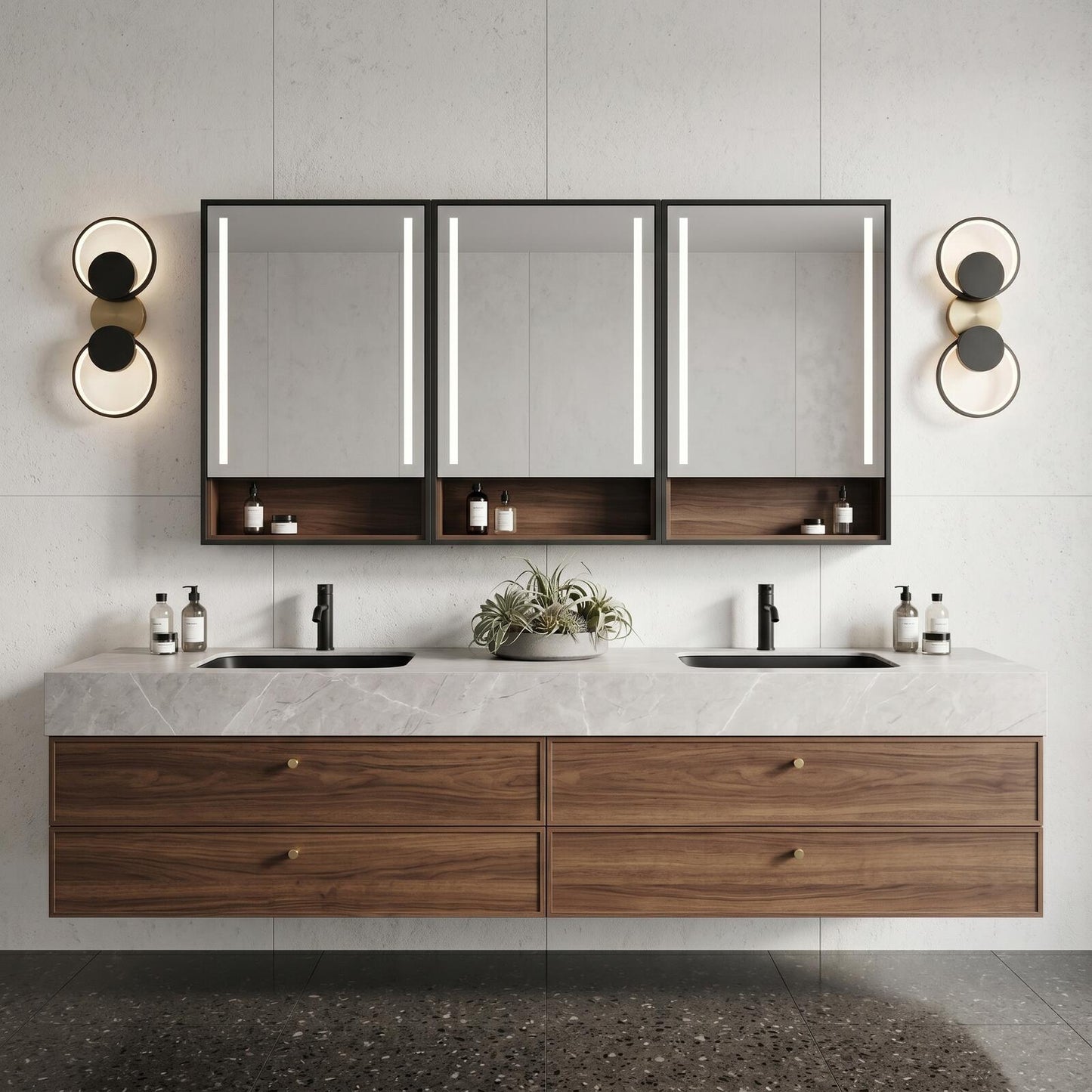 60''-96'' Modern Bathroom Vanity with Sink Dual Basins Wide Stone Dark Wood Drawers Cabinet