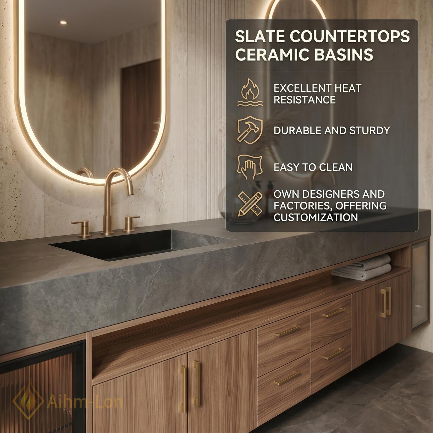 76''-96'' Double Bathroom Vanity with Sink Dark-Walnut Slatted Center Panel Open
