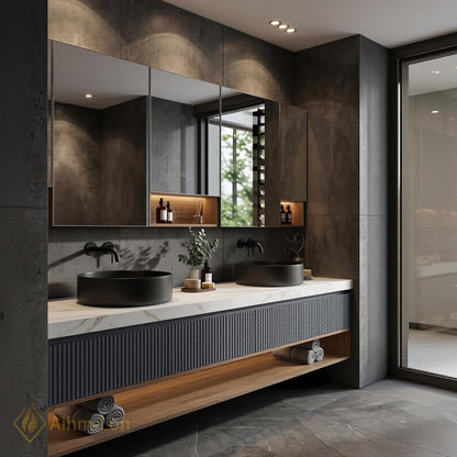 60''-96'' Double Bathroom Vanity with Sink Modern Floating Slatted Front Panel Marble