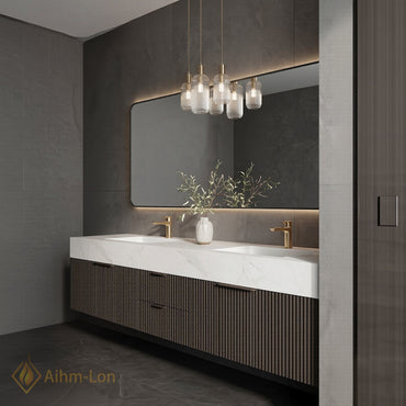 60''-96'' Double Bathroom Vanity with Sink White-Marble White Modern Vanities Vertical Ribbed