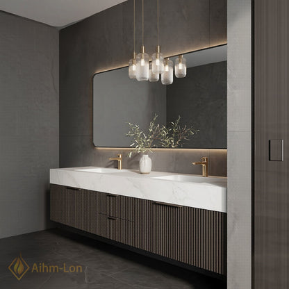60''-96'' Double Bathroom Vanity with Sink White-Marble White Modern Vanities Vertical Ribbed