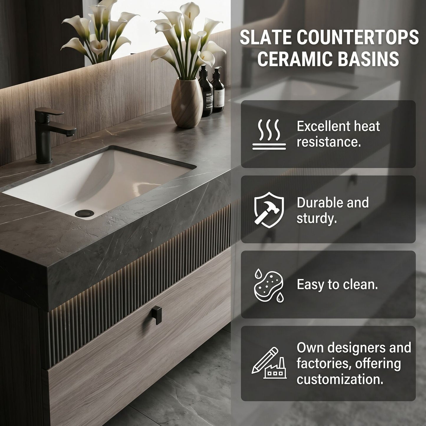 60''-96'' Double Bathroom Vanity with Sink Textured Slatted Front Light Wood Grain Cabinet