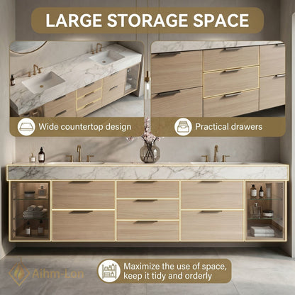 60''-96'' Double Bathroom Vanity with Sink Marble Top Glass Door Cabinets Storage