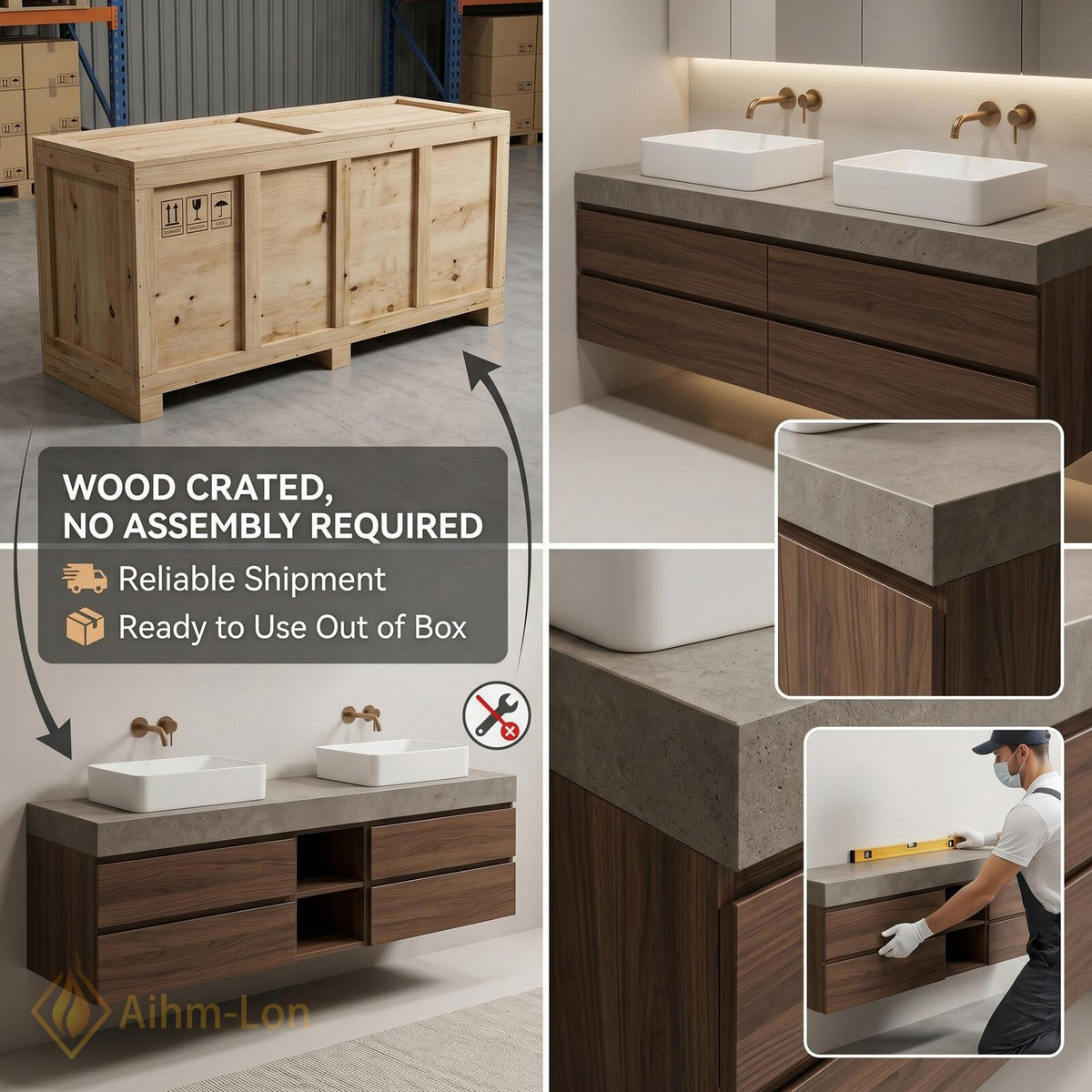 60''-96'' Double Bathroom Vanity with Sink Modern Floating Stone Top Dark Walnut