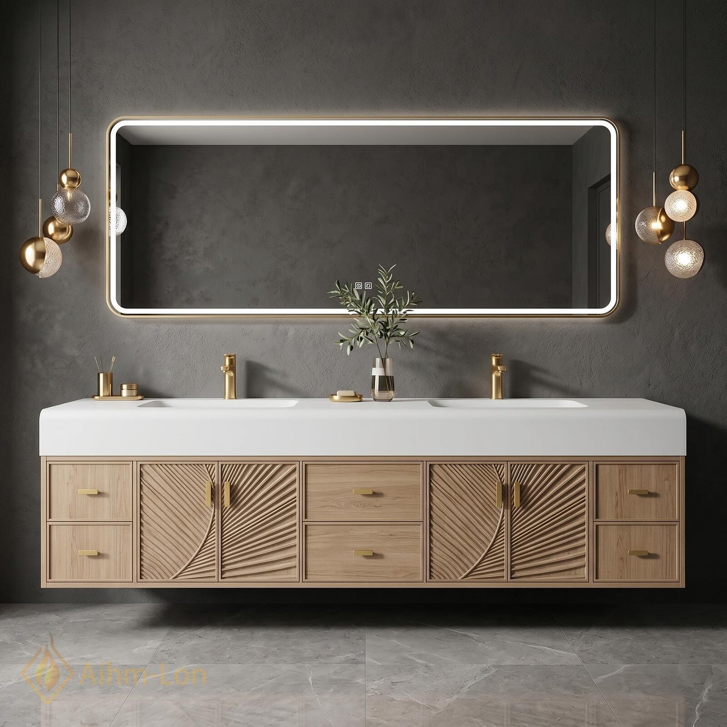70''-96'' Double Bathroom Vanity with Sink Warm Light-Oak Floating Doors Radiant