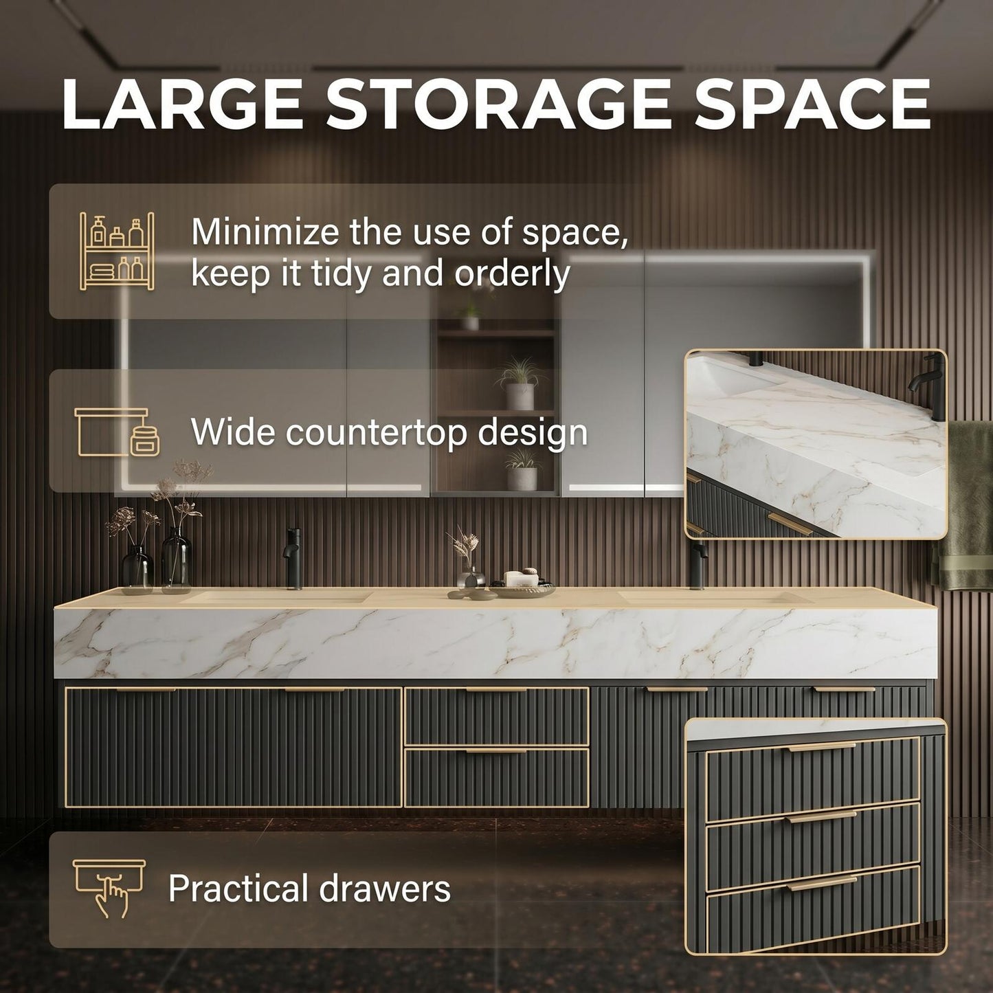 60''-96'' Modern Bathroom Vanity with Sink Double Sink Dark Walnut Slatted Center Panel Cabinet