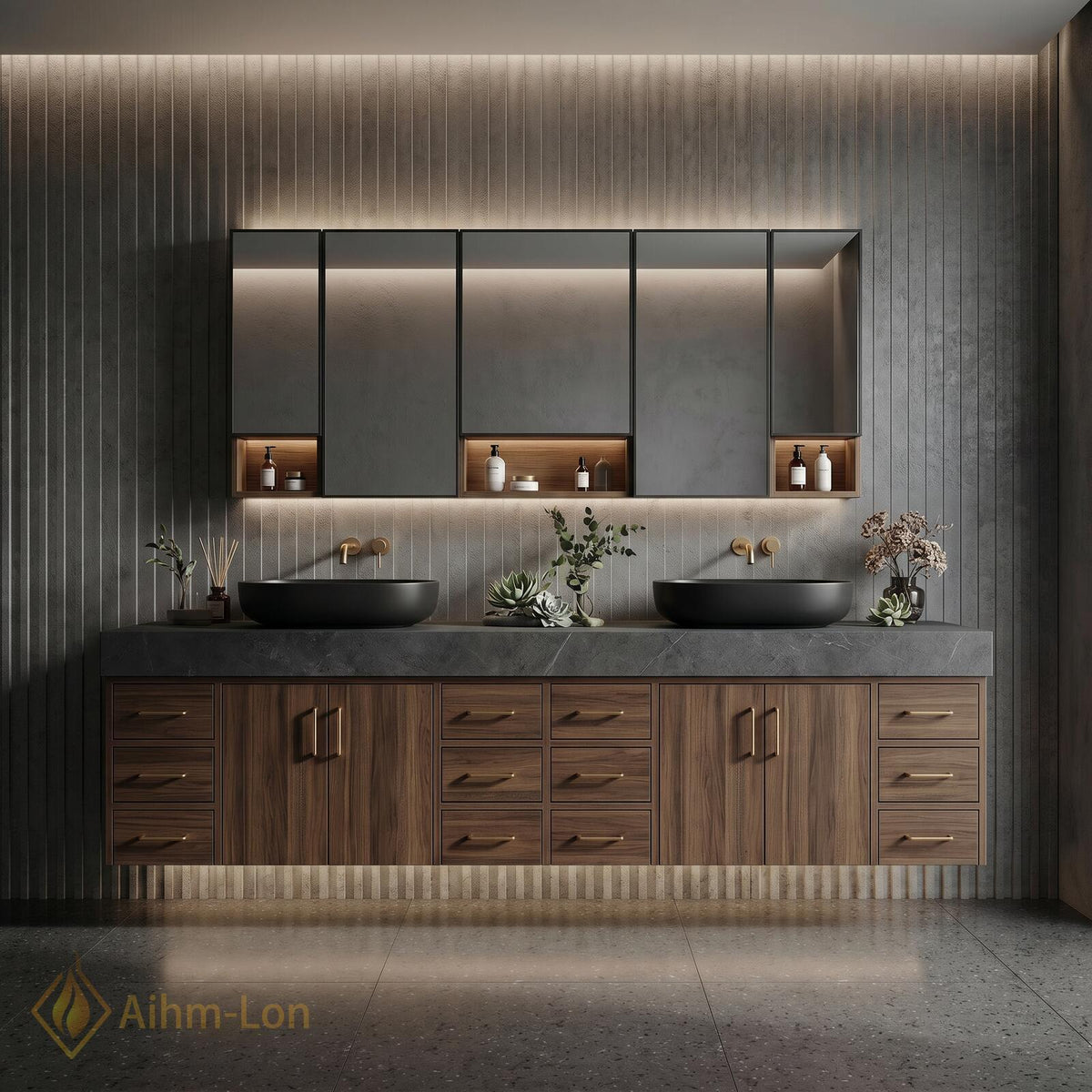 78''-96'' Double Bathroom Vanity with Sink Floating Double Dark Wood Finish Open