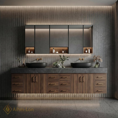 78''-96'' Double Bathroom Vanity with Sink Floating Double Dark Wood Finish Open