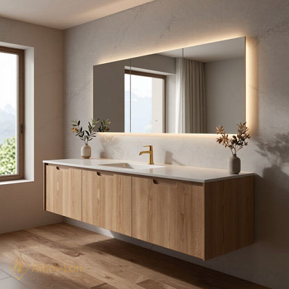 36''-64'' Single Bathroom Vanity with Sink Floating Light Oak Wood Grain Mirror Cabinet
