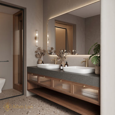 60''-96'' Double Bathroom Vanity with Sink Stone-Top Fluted Glass Drawers Dark Rounded