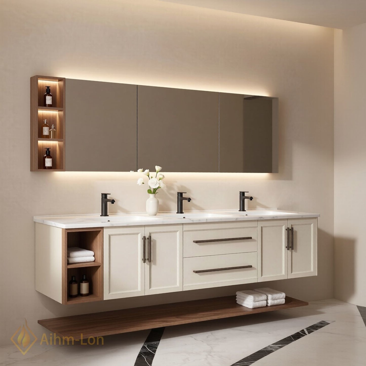 72''-96'' Floating Bathroom Vanity with Sink Triple Bowl Basin Marble Textured Top