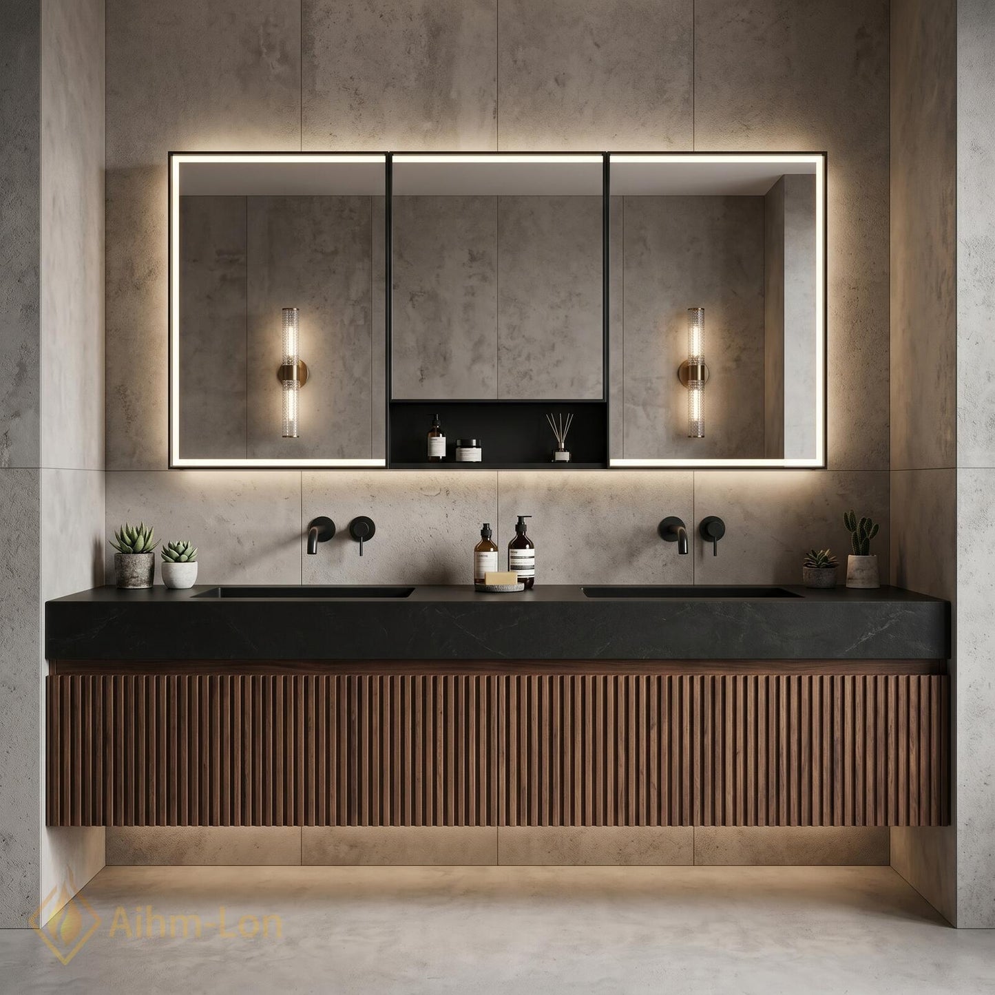 60''-96'' Double Bathroom Vanity with Sink Warm-Walnut Modern Floating Open Shelving