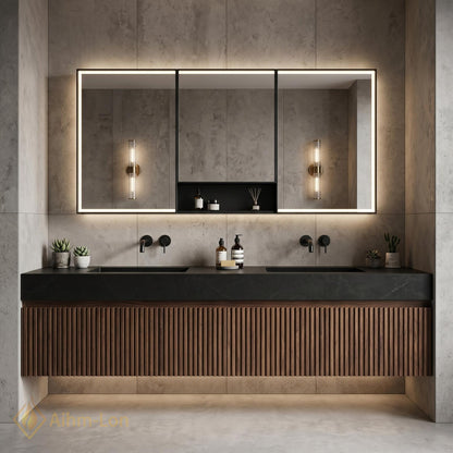 60''-96'' Double Bathroom Vanity with Sink Warm-Walnut Modern Floating Open Shelving