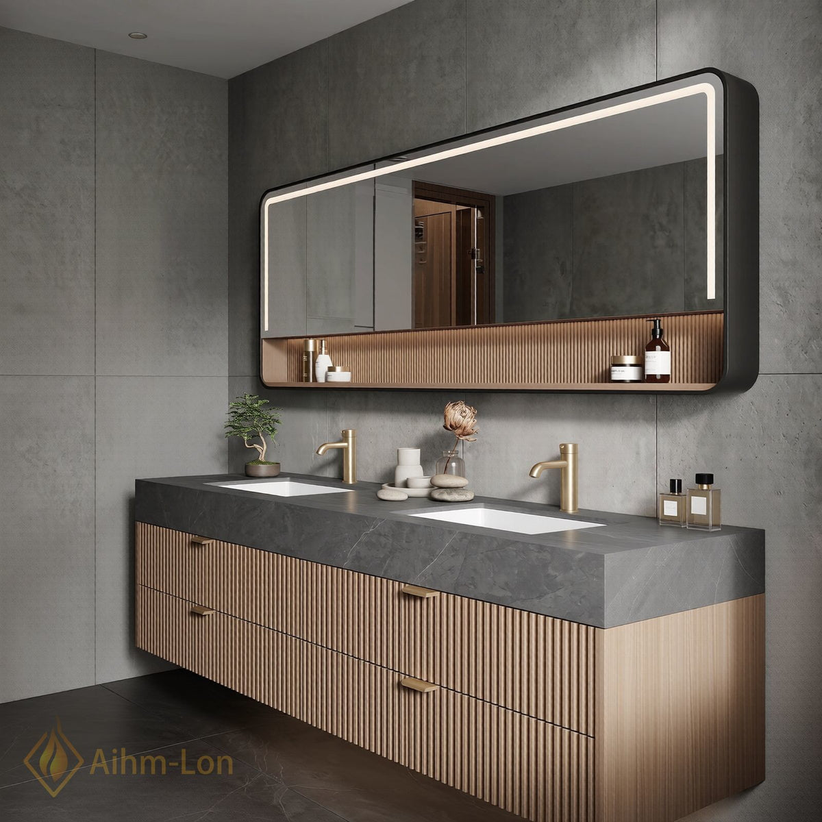60''-96'' Double Bathroom Vanity with Sink Fluted Panel Doors Dark Stone Storage