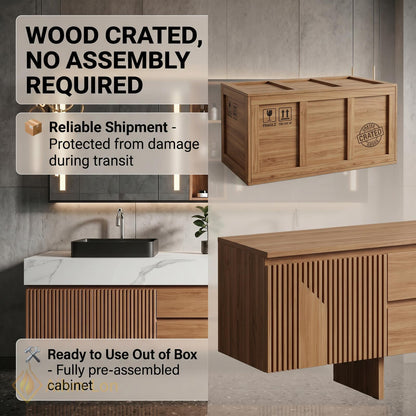 60''-96'' Double Bathroom Vanity with Sink Floating Double White Marble Slatted Wood