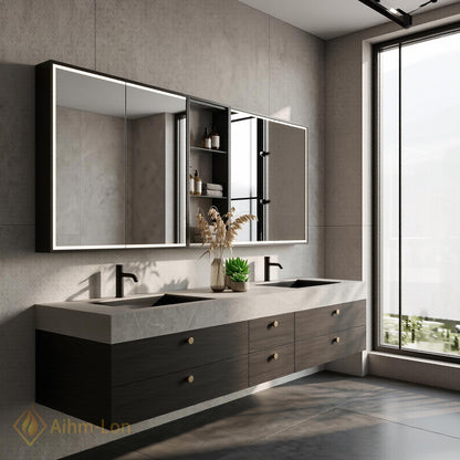 60''-96'' Double Bathroom Vanity with Sink Slatted Center Panel Dark Walnut Finish