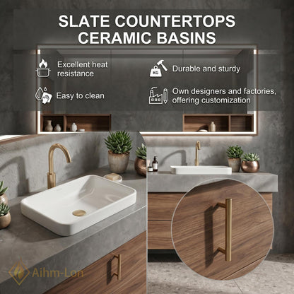 60''-96'' Modern Bathroom Vanity with Sink Warm Wood Grain Spacious Open Drawers