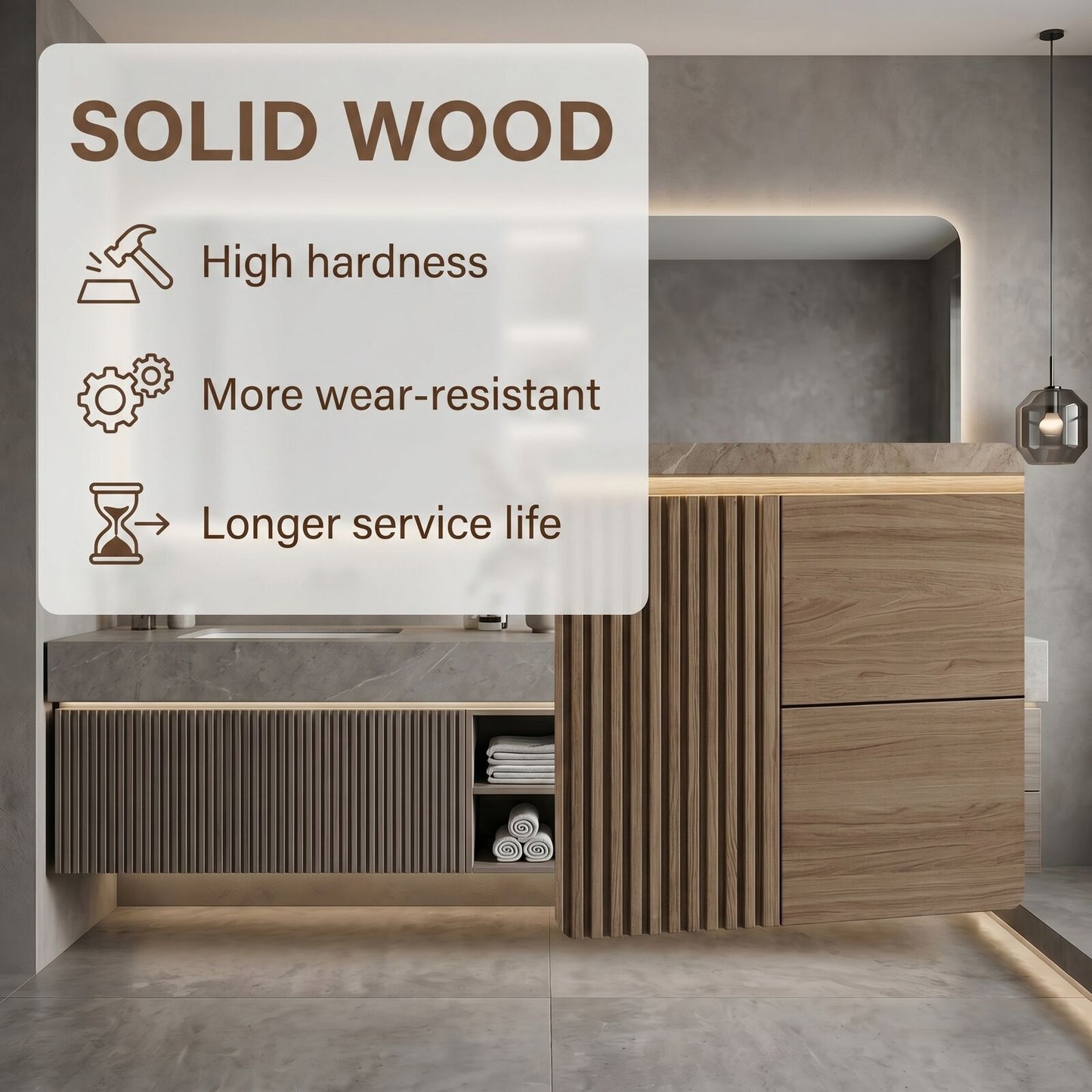 60''-96'' Modern Bathroom Vanity with Sink Textured Slatted Front Wood Grain Cabinet