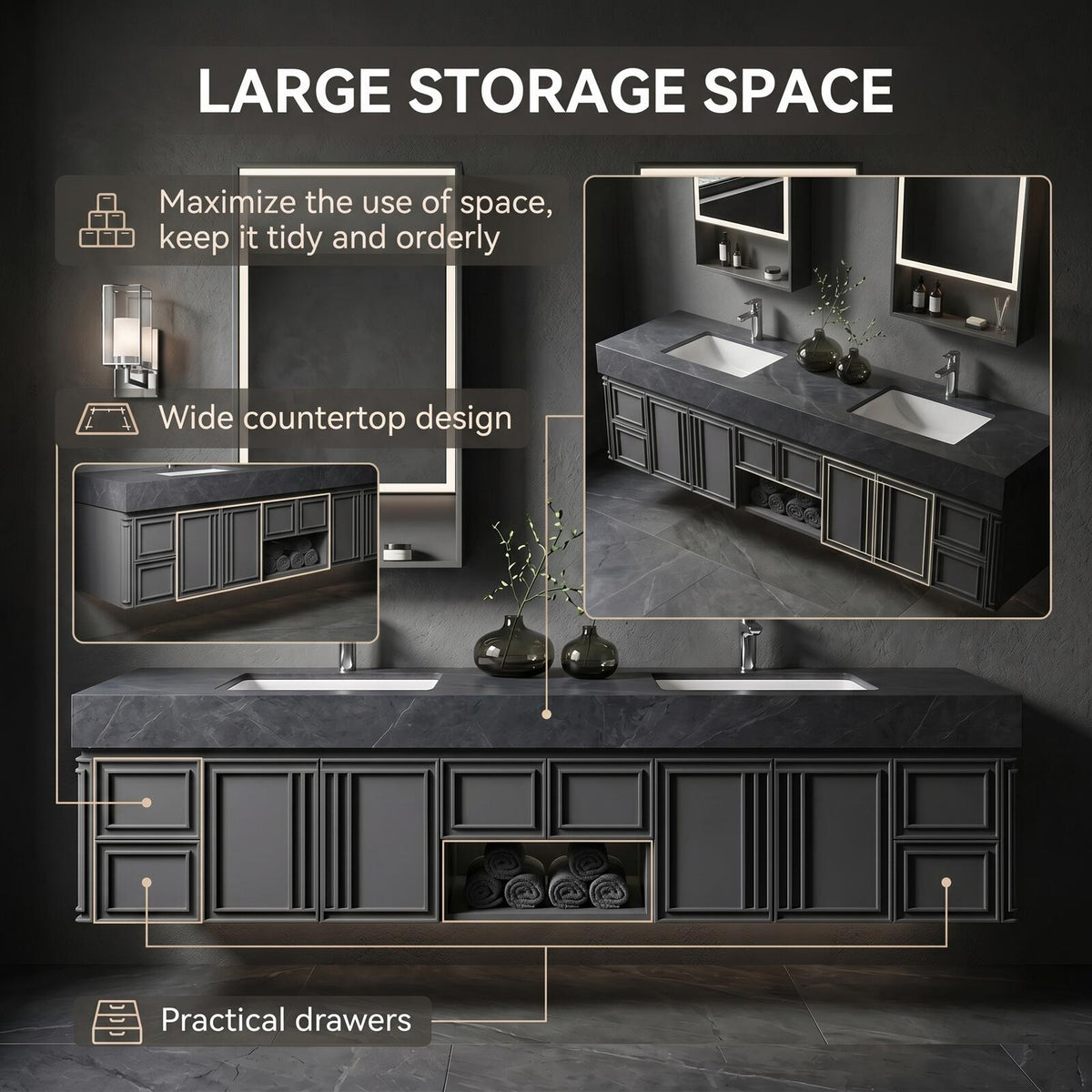 60''-96'' Double Bathroom Vanity with Sink Modern Geometric Framed Charcoal Marble-finish