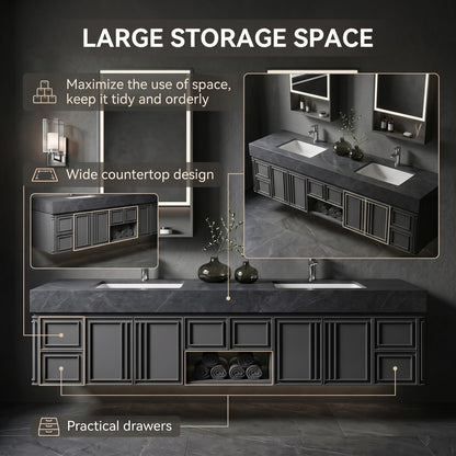 60''-96'' Double Bathroom Vanity with Sink Modern Geometric Framed Charcoal Marble-finish