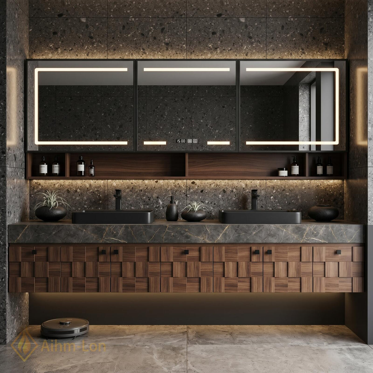 60''-96'' Double Bathroom Vanity with Sink Modern Geometric Cube Drawers Dark Walnut
