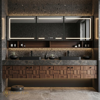60''-96'' Double Bathroom Vanity with Sink Modern Geometric Cube Drawers Dark Walnut