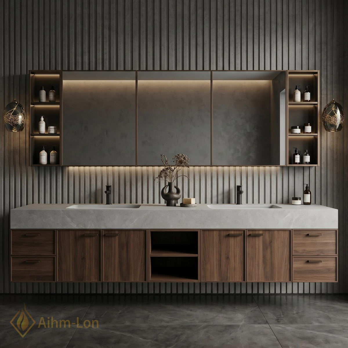 76''-96'' Double Bathroom Vanity with Sink Floating Double Wood Grain Panels Stone