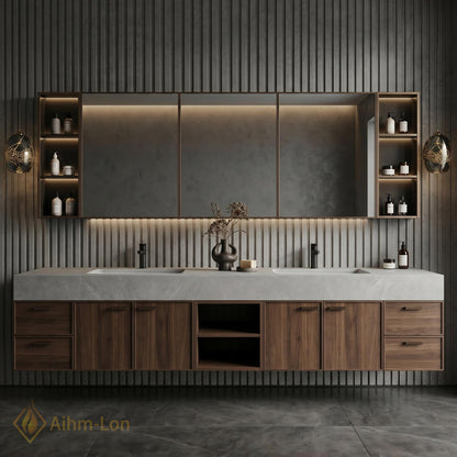 76''-96'' Double Bathroom Vanity with Sink Floating Double Wood Grain Panels Stone