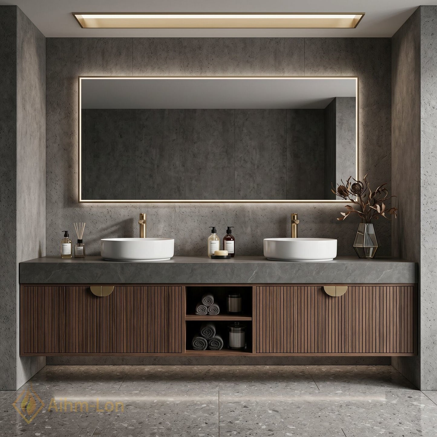 60''-96'' Double Bathroom Vanity with Sink Modern Solid-Wood Wood-Grain Slatted Open-Shelving Sleek
