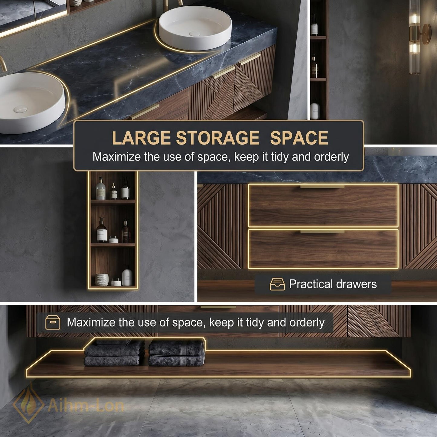 70''-96'' Double Bathroom Vanity with Sink Geometric Slatted Doors Rich Walnut Grain