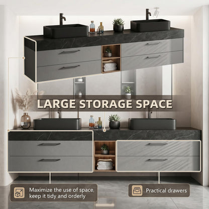 60''-96'' Modern Bathroom Vanity with Sink Floating Grey Cabinet Black Stone Countertop