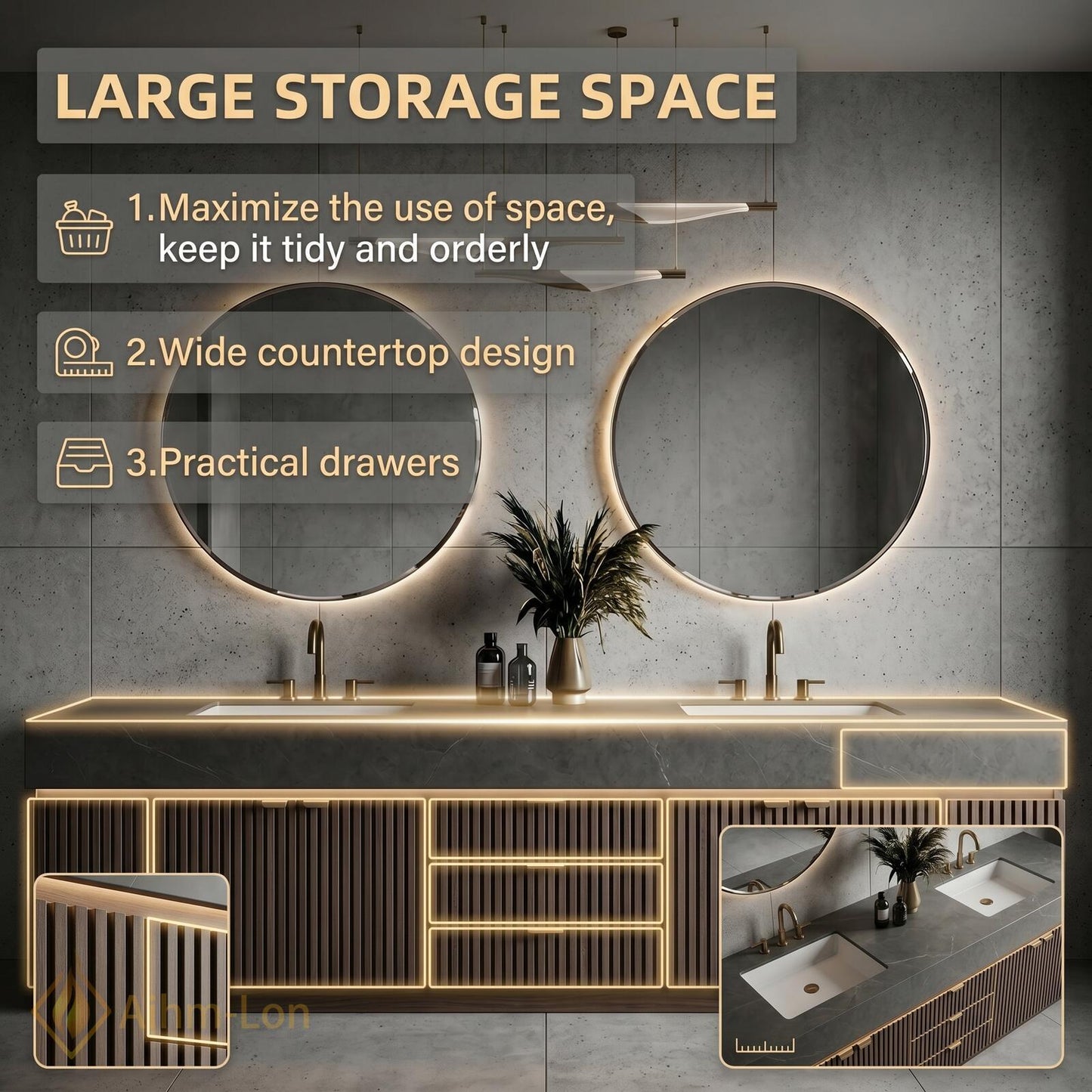 60''-96'' Double Bathroom Vanity with Sink Dark-Walnut Modern Floating Slatted Open